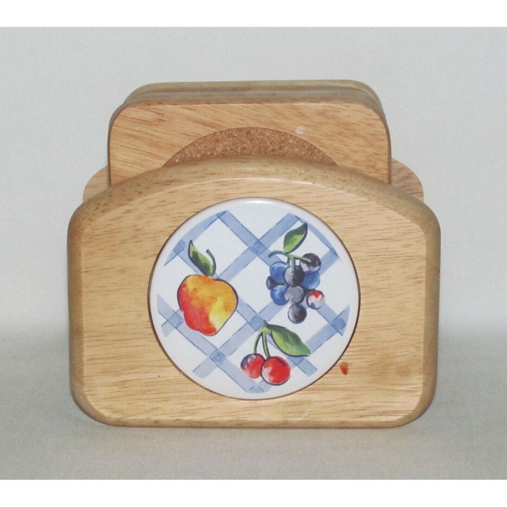 Corning Ware "Corelle" FRUIT TOO Wooden Coaster Set in Holder